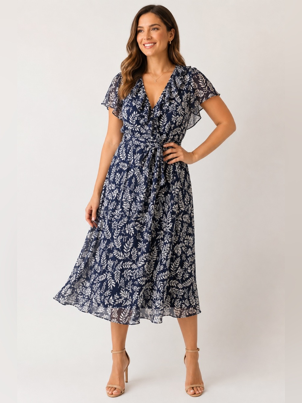 MSK Navy and White Floral Wrap Midi Dress with Tie Waist Coquette Feminine